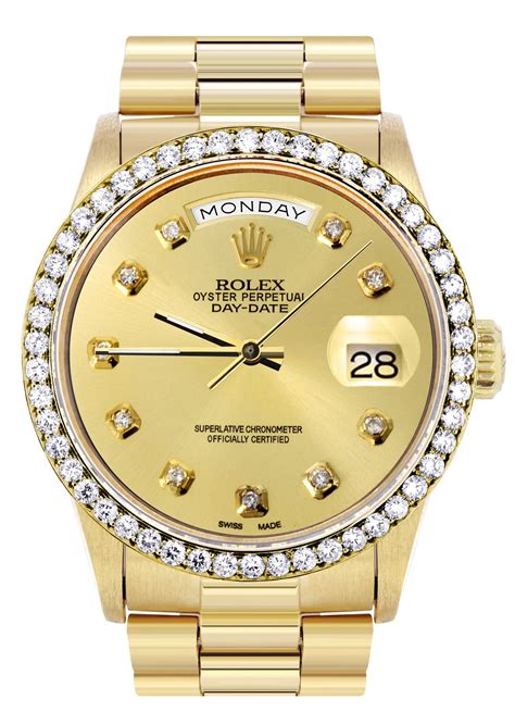 rolex day date gold with diamond bezel|rolex watch diamond bezel prices.